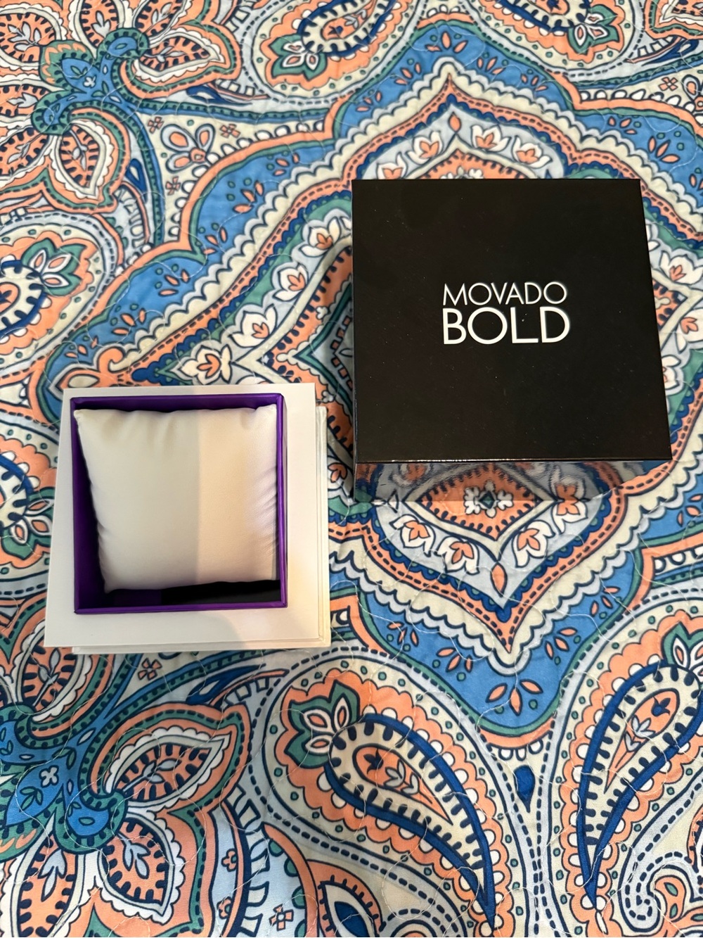 Movado BOLD Black Box with Purple-Trimmed White Cushion